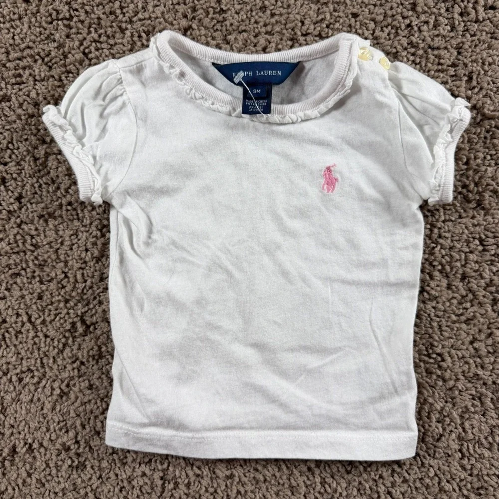 Ralph Lauren Baby Girls White Ruffle Neck Pony Logo‎ T-Shirt 9M preppy classic